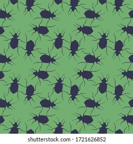 Seamless pattern with bugs. Endless background with beetles. Vector silhouette illustration.