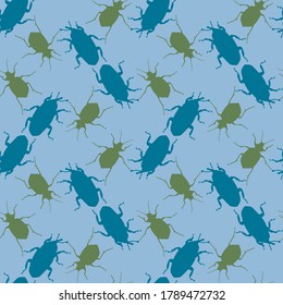Seamless pattern with bugs. Endless background with beetles. Vector silhouette illustration.