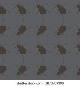 Seamless pattern with bugs. Endless background with beetles. Vector silhouette illustration.