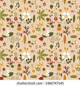 Seamless pattern with bugs, flowers and berries