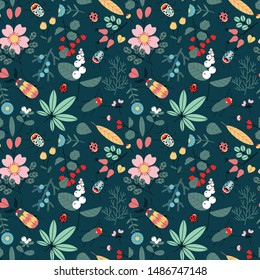 Seamless pattern with bugs, flowers and berries