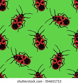 Seamless pattern with bug-soldier or Firebug . Pyrrhocoris apterus.  hand-drawn bug-soldier, Firebug . Vector illustration