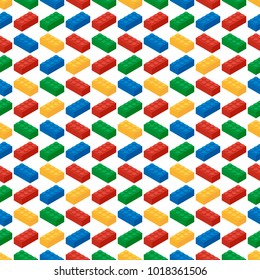 Seamless pattern from building blocks of children's game designer in isometric style. Geometric background. Design for a banner, poster, packaging. Vector illustration.