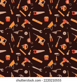 Seamless pattern with building elements. Flat hand drawn vector illustration. Construction tools.