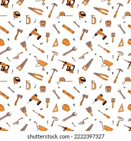 Seamless pattern with building elements. Flat hand drawn vector illustration. Construction tools.