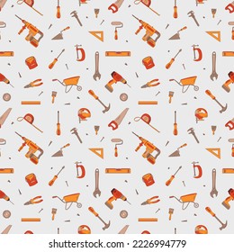 Seamless pattern with building elements. Flat hand drawn vector illustration. Construction tools.