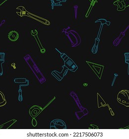 Seamless pattern with building elements. Outline vector illustration in doodle style. Construction tools.