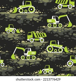 Seamless pattern with building equipment on ground. Creative kids texture for fabric and fashion textile print. Endless vector background.