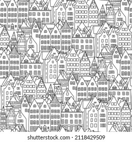 Seamless pattern with building facades of an old European city 