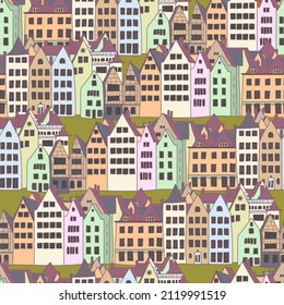 Seamless pattern with building facades of an old European city 