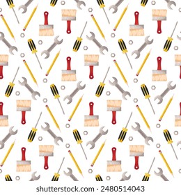 Seamless pattern, building tools. Brush, screwdriver, nut. Vector illustration