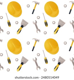 Seamless pattern, building tools. Helmet, screwdriver, nut. Vector illustration