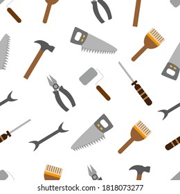 Seamless pattern with building tools, instruments. Saw, roller, paintbrush, putty knife, pliers, wire cutters, hammer, wrench, screwdriver isolated on white background.