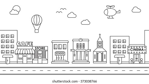 Seamless pattern of the buildings. Background for game. Cafe, cinema, store, church, apartment house,cottage,school, Hall, factory