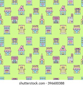 Seamless pattern with buildings. Cafe, cinema, store, church, apartment house,cottage,school, Hall, factory