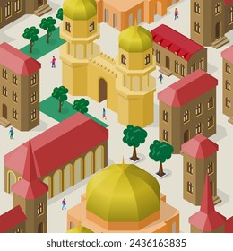 Seamless pattern with buildings in isometric view. Houses, palaces, trees and people on wallpaper design.