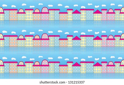 seamless pattern with buildings over blue sky
