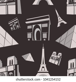 Seamless pattern from buildings and symbols of Paris on a brown background