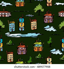 Seamless pattern with buildings.Cartoon hand drawing houses, doodled city, town doodles set.