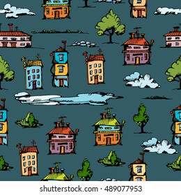 Seamless pattern with buildings.Cartoon hand drawing houses, doodled city, town doodles set.