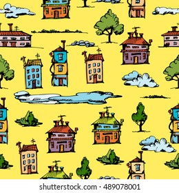Seamless pattern with buildings.Cartoon hand drawing houses, doodled city, town doodles set.