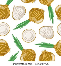 Seamless pattern with bulb onion - whole, half and sliced, top and side view, textured vector illustration on white background. Seamless pattern with whole and cut bulb, common onion, grunge effect