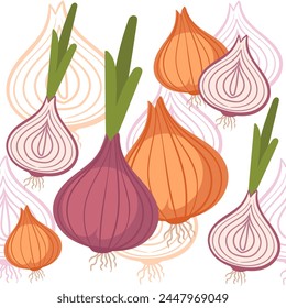 Seamless pattern of bulb red onion and garlic with green stem spicy edible root vector illustration on white background