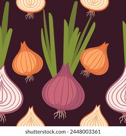 Seamless pattern of bulb red onion and garlic with green stem spicy edible root vector illustration on dark background
