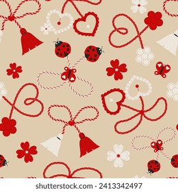 Seamless pattern with the Bulgarian martenitsa symbol of the spring holiday Martisor.