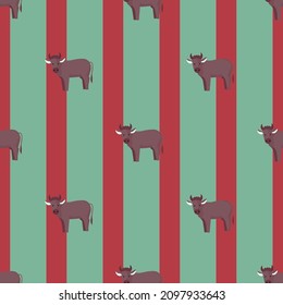 Seamless pattern of bull. Domestic animals on colorful background. Vector illustration for textile prints, fabric, banners, backdrops and wallpapers.