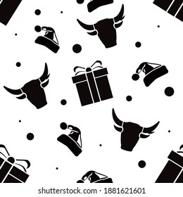 Seamless pattern with bull head, Santa Claus hat and gifts. Christmas and winter holidays background elements. Flat design of vector textures. Seamless pattern.