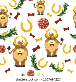 Seamless pattern with a bull with horseshoe-luck horns isolated on a white background. The symbol of the new 2021. Cartoon vector print for fabric, gift paper