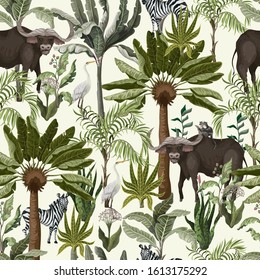 Seamless pattern with bull and other animals in jungle. Vector.