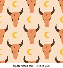 Seamless pattern with bull skull and crescent moon. Vector flat background in wild west, western concept.