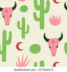 Seamless pattern with bull skull skeleton, cactuses, moon and grass. Wild west, western vector background. 