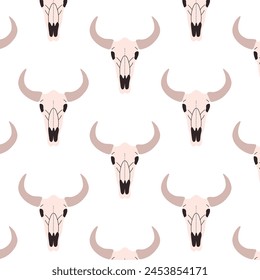 Seamless pattern with bull skull. Vector print with skull. Wild West in hand drawn style.