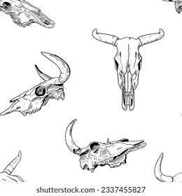 Seamless pattern of bull skulls. Vector. Sketch style.