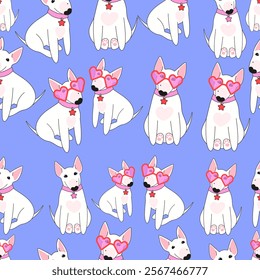 Seamless pattern with bull terrier. Cute dogs with heart shape sunglasses hand drawn illustration.