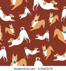 Patrón sin inconvenientes con el toro terrer y jack russell terrier con una bola en sus dientes como fondo o papel tapiz. Ilustración plana vectorial o patrón interminable con carácter atractivo para impresión
