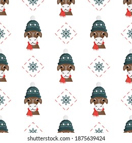 Seamless pattern with a bull in a winter holiday hat. Festive background for websites and applications. Suitable for postcards, wrapping paper, books and posters. Vector.