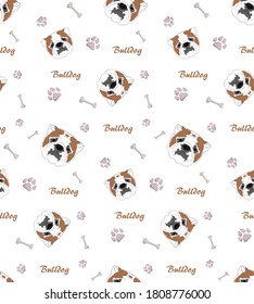 Seamless pattern of bulldog on a white background. Around the dog muzzle is a bones and tracks.