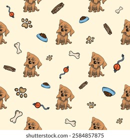 Seamless pattern with bulldog puppy. Vector background with cute dogs and pet accessories. Bright print for wrapping paper, gift decoration, pet store decoration, grooming salon, training center