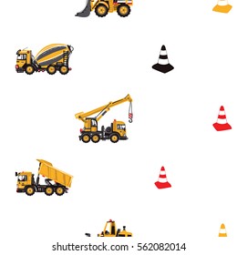 Seamless pattern with bulldozer, concrete hauler, dumper truck, truck crane, yellow traffic cone, red traffic cone, black traffic cone. Inspired by building machinery.