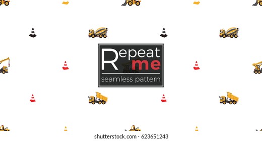 Seamless pattern with bulldozer, concrete hauler, dumper truck, truck crane, yellow traffic cone, red traffic cone, black traffic cone. Inspired by variety of road, building machinery.