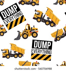 Seamless pattern with bulldozer, garbage truck, dumper truck, dump everything inscription. Inspired by road, building machinery. Vector background for decoration children's room, website, mobile app.