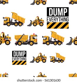 Seamless pattern with bulldozer, garbage truck, dumper truck, dump everything inscription. Inspired by road, building machinery. Vector background for decoration children's room, invitations, website.