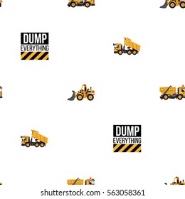 Seamless pattern with bulldozer, garbage truck, dumper truck, dump everything inscription. Inspired by road, building machinery. Vector background for decoration children's room, invitations, website.