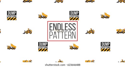 Seamless pattern with bulldozer, garbage truck, dumper truck, dump everything inscription. Inspired by variety of road, building machinery.