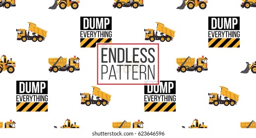 Seamless pattern with bulldozer, garbage truck, dumper truck, dump everything inscription. Inspired by variety of road, building machinery.