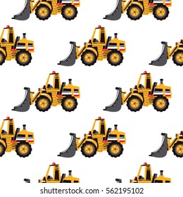 Seamless pattern with bulldozer. Inspired by road, building machinery. Vector background for decoration children's room, invitations, website, mobile app.